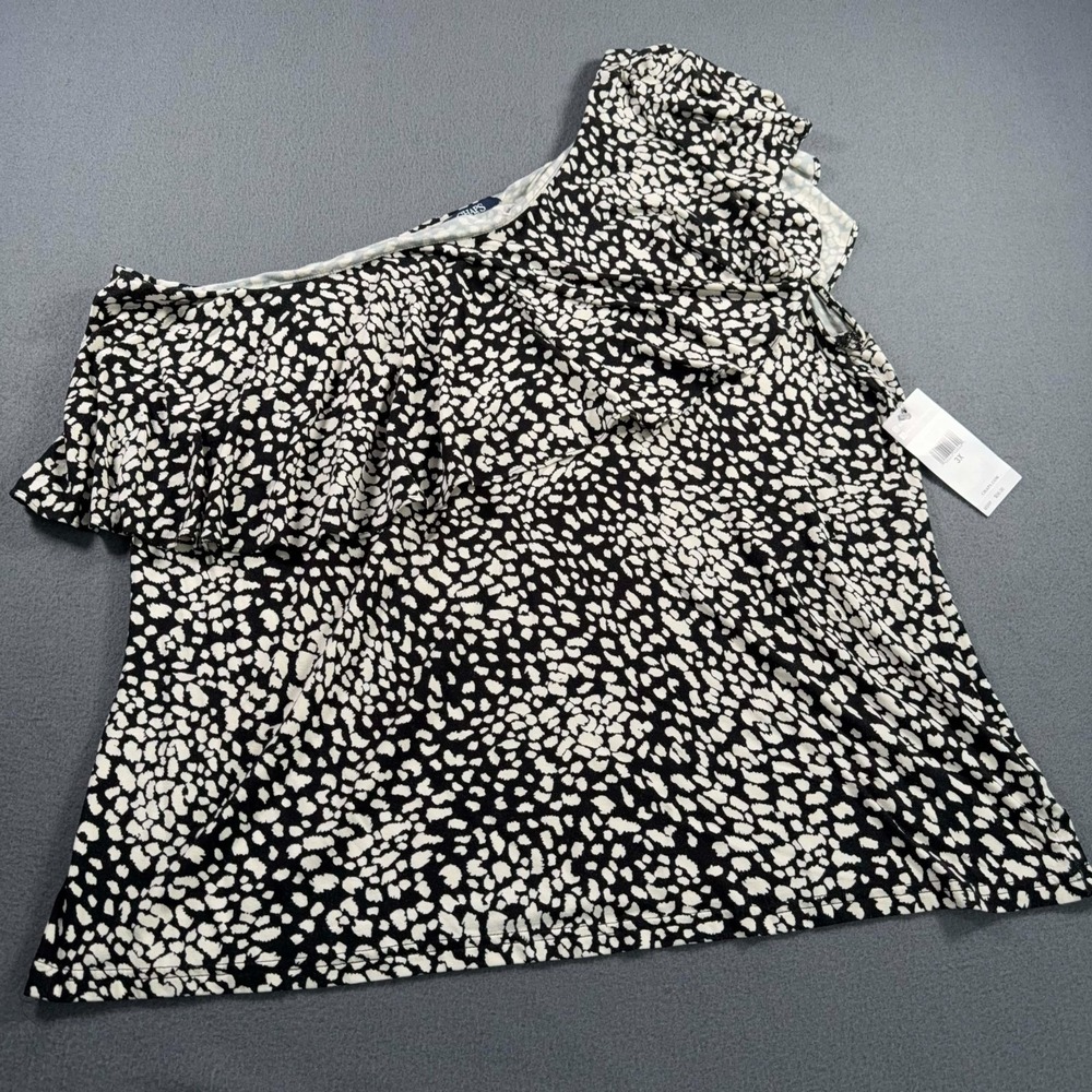 Chaps Womens 3X One Shoulder Ruffle Blouse Black White Animal Print NWT Top